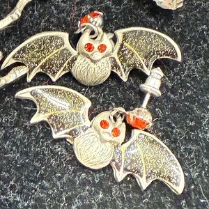 Source Unknown Silver Bat Earrings with Red Accents